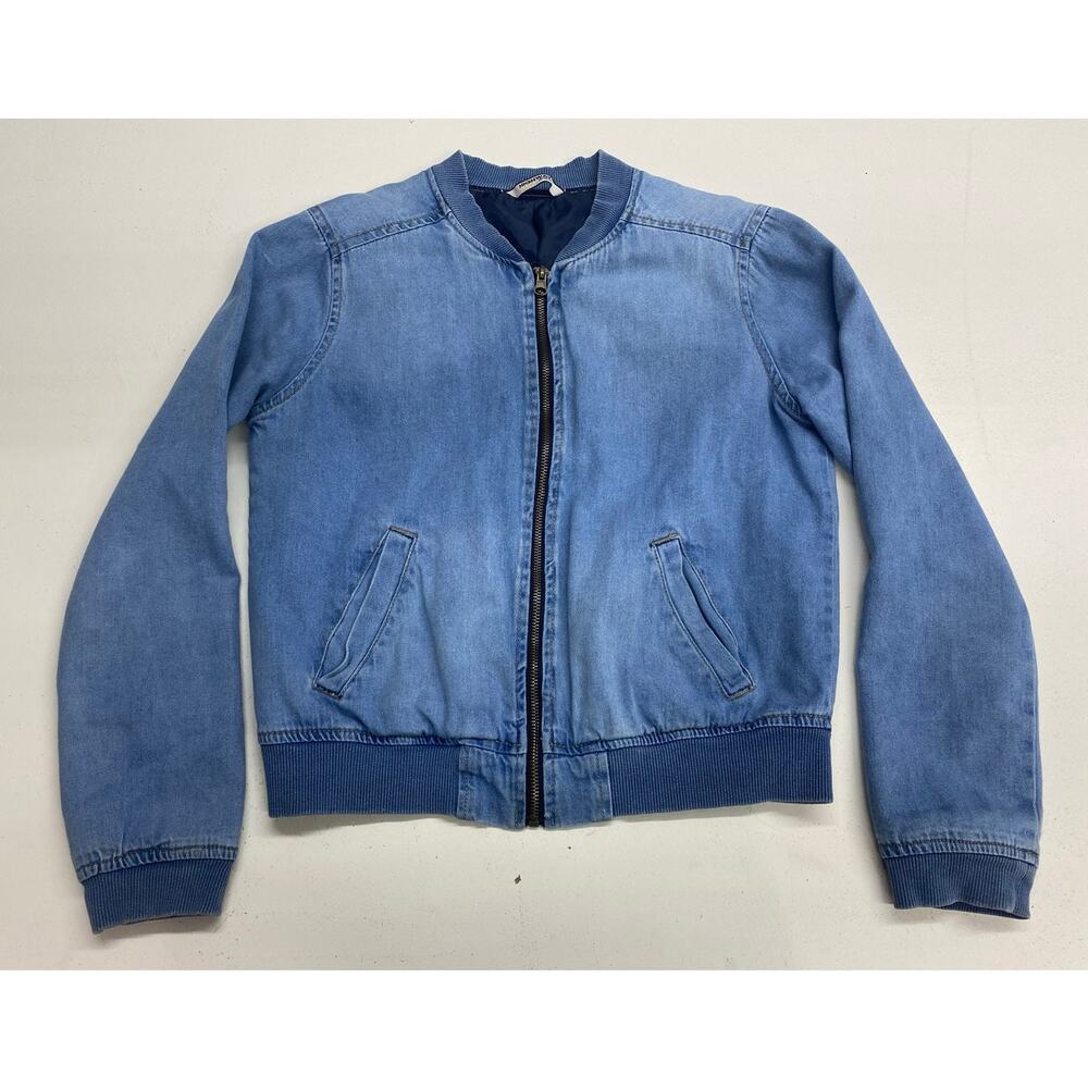Women Highway HWY Jeans cotton denim zip-up cropped bomber jacket coat, M